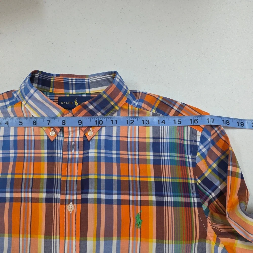 Ralph Lauren Boys XL 18-20 Orange Blue Plaid Long Sleeve Button Down Shirt Pony